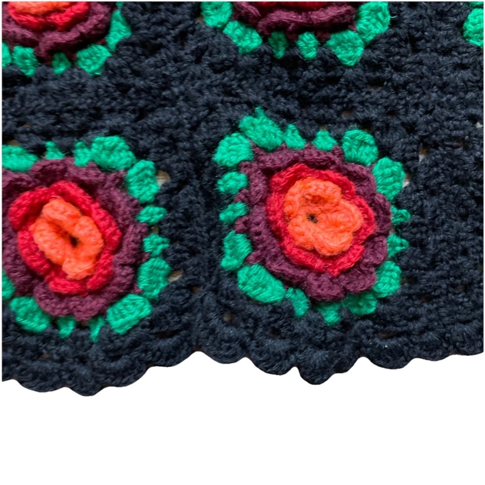 Vintage Granny Square Afghan Handmade Crochet Blanket Throw Black Rose 42x54 - Picture 6 of 6